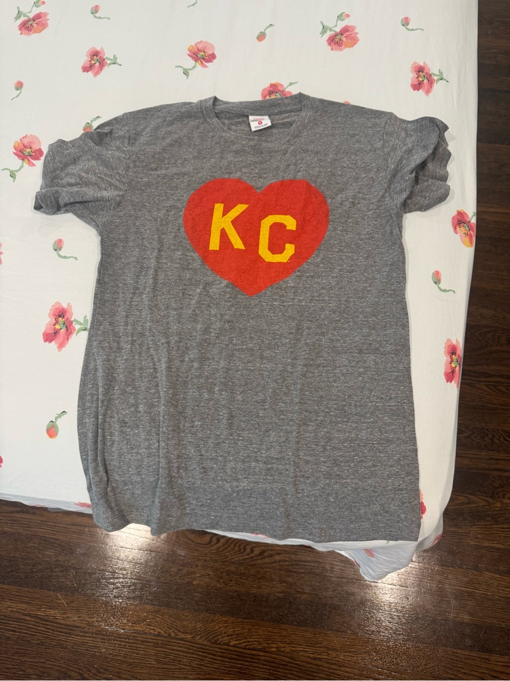 Women's Gray Short Sleeve Tee with Red Heart KC Graphic